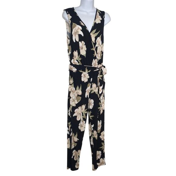 Colleen Lopez Floral Sleeveless Jumpsuit M Black Beige Elastic Tie Waist Pockets - Picture 1 of 3
